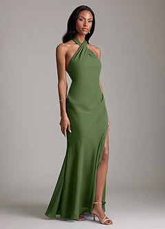 Azazie Lorena Vestidos de damas de honor Vestido de Oliva de Gasa de Corte Sirena con Plisado image3