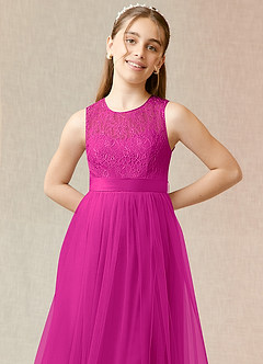 Azazie Georgette Junior Fuchsia A-Line Lace Tulle Dress image5
