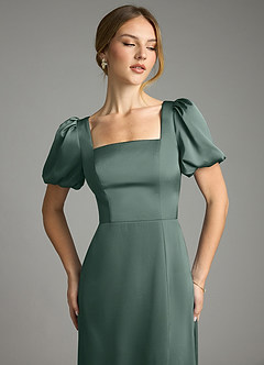Azazie Fyona Bridesmaid Dresses Sea Moss A-Line Pleated Stretch Satin Dress image6