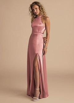 Azazie Clarice Vestidos de madrinha de casamento Vestir Rosa Empoeirada de Cetim Metálico de Linha A com Pescoço alto image5