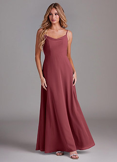 Azazie Daenerys At-home Try On Dresses Champagne Rose A-Line Cowl Chiffon Dress image3