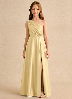 Azazie Puddles Girls Formal Jurken voor bloemenmeisjes A-lijn Jurk van Stretch Satijn One-shoulder Boter image6