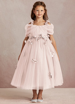 Azazie Shaylee Robe Demoiselle D'honneur Fillette Robe Trapèze en Tulle Épaule décolletée Rose Pétale image3