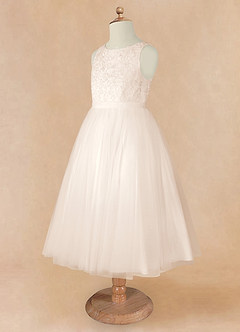Azazie Calla Robe Demoiselle D'honneur Fillette Robe Princesse en Tulle Dentelle Albâtre Blanc image9