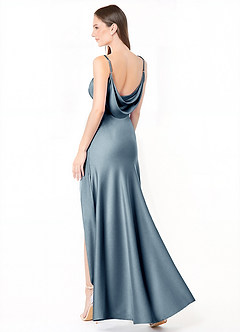 Azazie Alaija Vestidos de damas de honor Vestido de Azul Polvoriento de Satén Elástico de Corte Sirena con Corte Lateral image1