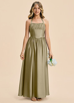 Azazie Kyrie Junior Moss Green A-Line Pleated Stretch Satin Dress image6