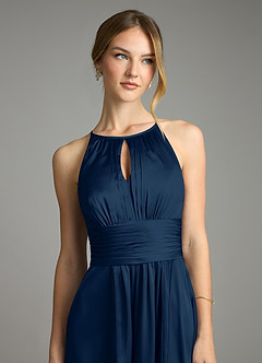 Azazie Bonnie Bridesmaid Dresses Dark Navy A-Line Pleated Stretch Satin Dress image2