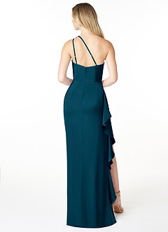 Azazie Latrice Bridesmaid Dresses Ink Blue Sheath One Shoulder Cascading Ruffles Stretch Satin Dress image2