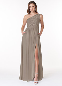 Azazie Demi Bridesmaid Dresses Taupe A-Line One Shoulder Chiffon Dress image1