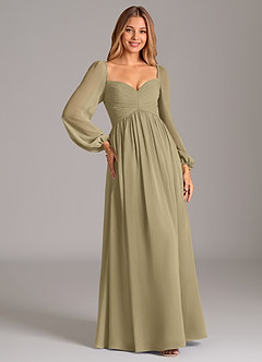 Azazie Bailee Vestidos de damas de honor Vestido de Musgo Verde de Gasa de Corte en A con Manga larga image5