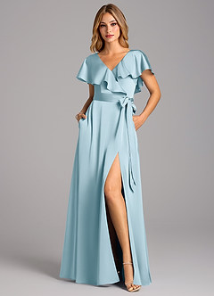 Azazie Lainey Bridesmaid Dresses Sky Blue A-Line with Pockets Stretch Satin Dress image4