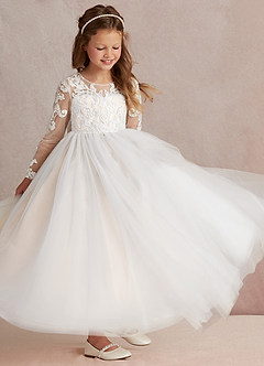 Azazie Elodie Blumenmädchenkleider Ballkleid Spitze Kleid Elfenbein Weißer Alabaster image2