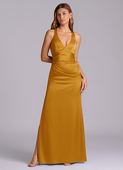 Azazie Amelie Bridesmaid Dresses Butterscotch A-Line Pleated Stretch Satin Dress image4
