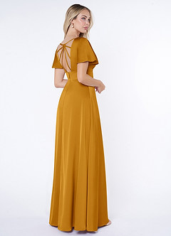 Azazie Lani Bridesmaid Dresses Butterscotch A-Line Flounce Sleeve Stretch Satin Dress image5