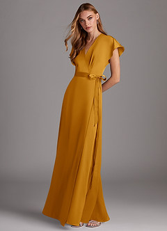 Azazie Nico Bridesmaid Dresses Butterscotch A-Line V-Neck Stretch Satin Dress image4