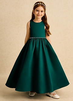Azazie Daisies Robe Demoiselle D'honneur Fillette Robe Princesse en Mat Satiné Arc Vert Pin image2