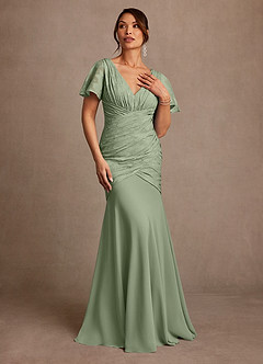Azazie Jolene Mother of the Bride Dresses Dusty Sage Mermaid Pleated Floral Burnout Dress image4