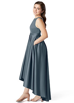 Azazie Inaya Junior Twilight A-Line with Belt Stretch Satin Dress image3
