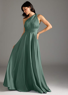 Azazie Charlize Bridesmaid Dresses Eucalyptus A-Line One Shoulder Stretch Satin Dress image5