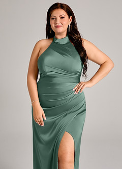 Azazie Jemma Bridesmaid Dresses Eucalyptus Sheath Pleated Stretch Satin Dress image8