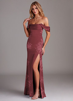 Azazie Saige Bridesmaid Dresses Burgundy Floral Bouquet Sheath Off the Shoulder Stretch Satin Dress image5