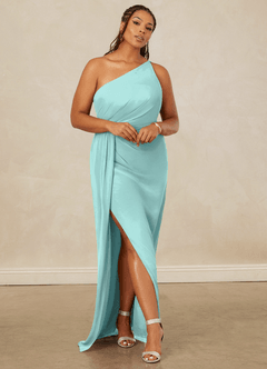 Christian Siriano Bridal for Azazie 1003 Bridesmaid Dresses Aqua Sheath One Shoulder Chiffon Dress image8
