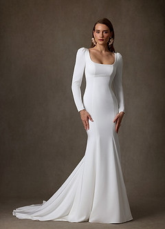 Azazie Seraphina Robes de mariée Robe Sirène en Crêpe Dos Satin Col Carré Blanc De Diamant image3