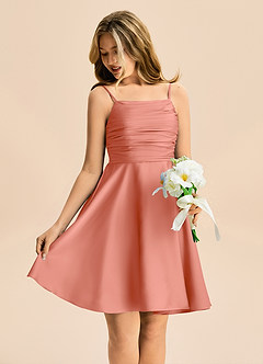 Azazie Miko Junior A라인 주름진 스트레치 새틴 미니 주니어 신부 들러리 드레스 image4