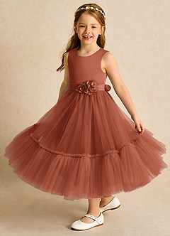 Azazie Miracle Blumenmädchenkleider A-Linie Schleifen Matte Satin Kleid Rotbraun image4