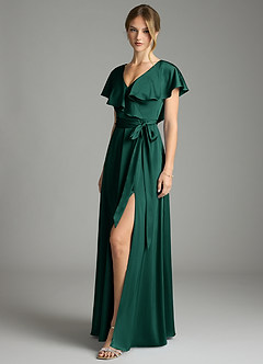 Azazie Lainey Bridesmaid Dresses Emerald A-Line with Pockets Stretch Satin Dress image4