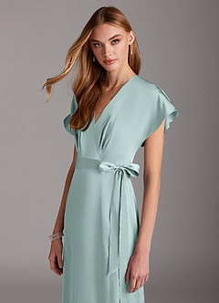 Azazie Nico Bridesmaid Dresses Sea Glass A-Line V-Neck Stretch Satin Dress image6