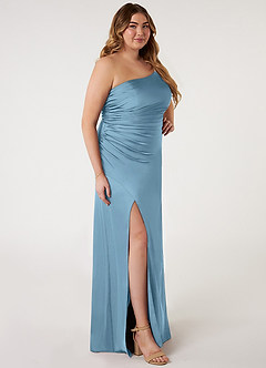 Azazie Eren Robes de demoiselle d'honneur Robe Sirène en Satin extensible Ue épaule Acier Bleuté image8