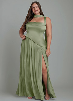 Azazie Stephanie Bridesmaid Dresses Pistachio A-Line Pleated Stretch Satin Dress image15