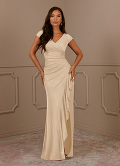Azazie Roya Mother of the Bride Dresses Champagne Mermaid V-Neck Pleated Mesh Dress image2