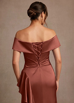 Azazie Kirsty Mother of the Bride Dresses Auburn Sheath Off the Shoulder Stretch Satin Dress image7