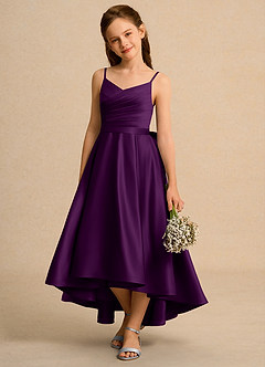 Azazie Sweets Junior Formal Flower Girl Dresses Grape A-Line Pleated Matte Satin Dress image3