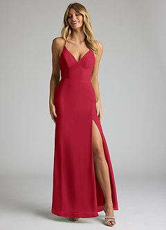 Azazie Becca Bridesmaid Dresses Scarlet Sheath V-Neck Chiffon Dress image4