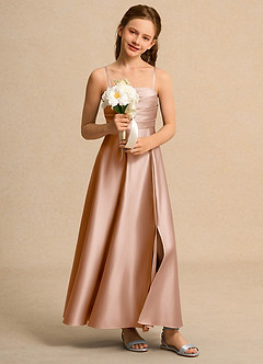 Azazie Pebbles Junior Formal Flower Girl Dresses Champagne Rose A-Line Pleated Matte Satin Dress image7