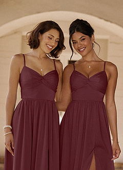 Azazie Zeya Bridesmaid Dresses Sangria A-Line Pleated Stretch Satin Dress image2