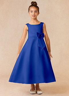 Azazie Lindy vestidos de niña de las flores Vestido de Azul Real de Satin Mate de Corte En A con Plisado image2