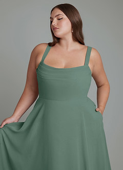 Azazie Shaude Abiti da Damigella Abito A-Line in Chiffon Plissettato Muschio Marino image6