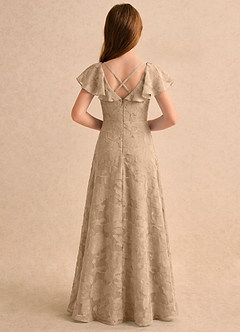 Azazie Narin Girls Formal Flower Girl Dresses Champagne A-Line with Sleeves Floral Burnout Dress image2