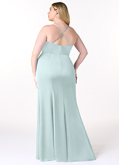 Azazie Marzia Bridesmaid Dresses Sea Glass Sheath Cowl Pleated Stretch Satin Dress image16