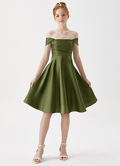 Azazie Amira Junior Vestido de Oliva de Satén Elástico de Corte en A con Plisado image5