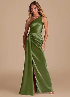 Azazie Mika Bridesmaid Dresses Olive Sheath One Shoulder Metallic Satin Dress image1