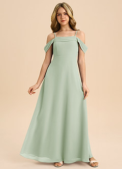 Azazie Anselie Junior Robe Trapèze en Mousseline de soie Épaule décolletée Vert Sauge image1