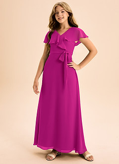 Azazie Lainey Junior Abito A-Line in Chiffon Con Tasche Fucsia image5