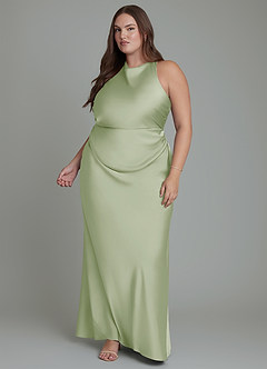 Azazie Evadne Bridesmaid Dresses Dusty Sage Sheath Pleated Stretch Satin Dress image12