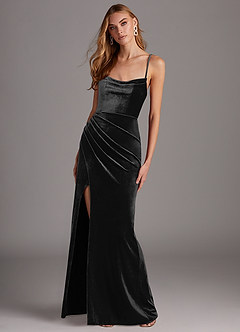Azazie Kindness At-home Try On Dresses Black Sheath Cowl Neckline Corset Velvet Dress image3