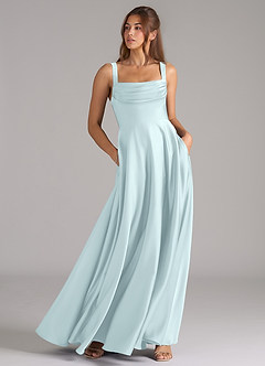 Azazie Shaude Bridesmaid Dresses Sea Glass A-Line Pleated Stretch Satin Dress image3